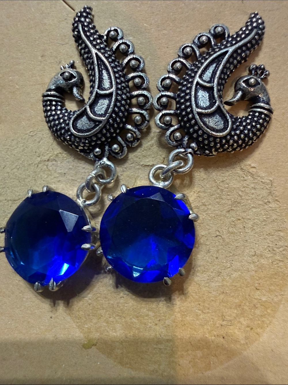 Boho Oxidized Silver Peacock Royal Blue Crystal Drop Earrings
